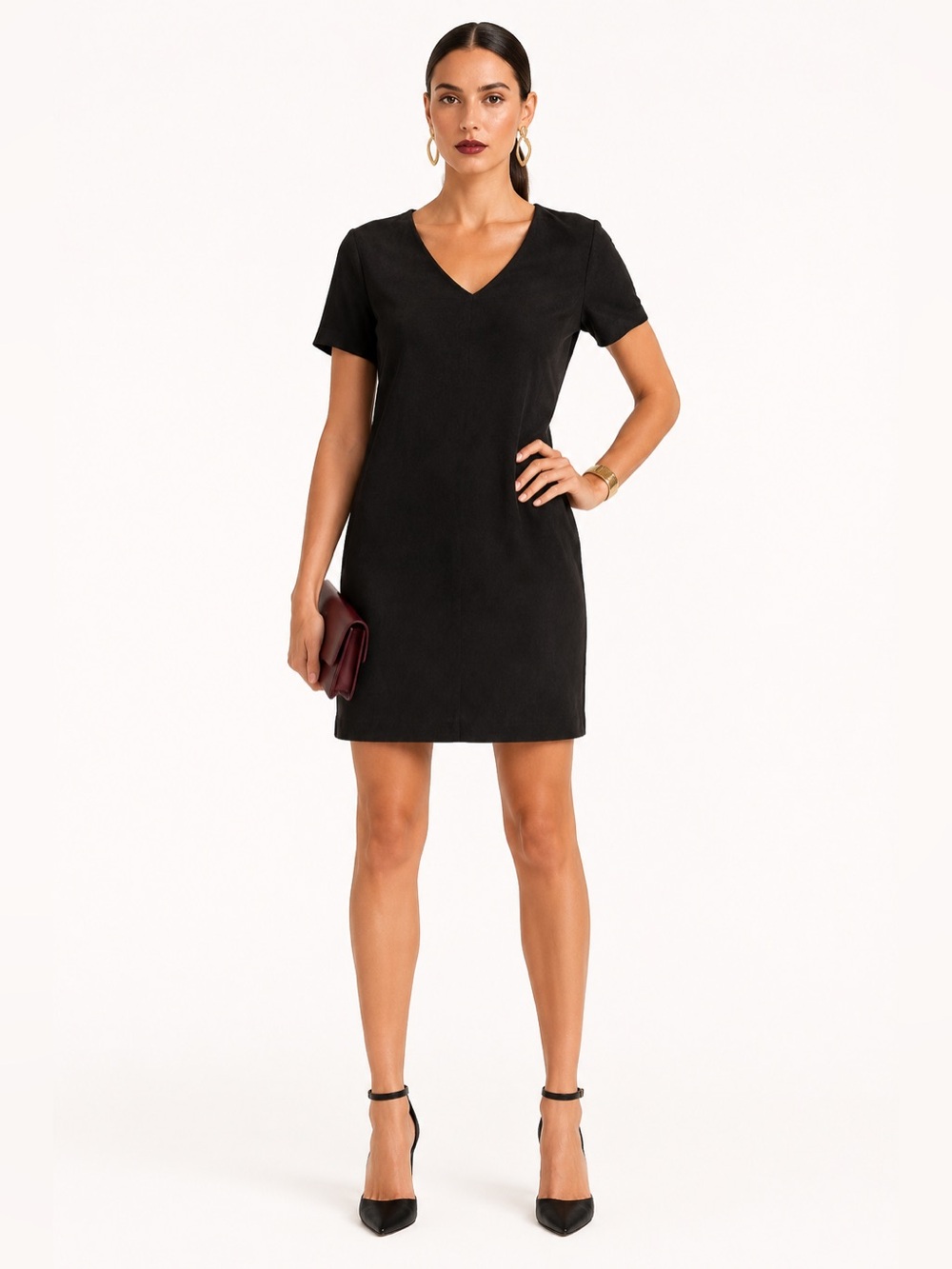 Spanx Faux Suede Shift Dress Womens Large Black V Neck Short Sleeve Cocktail